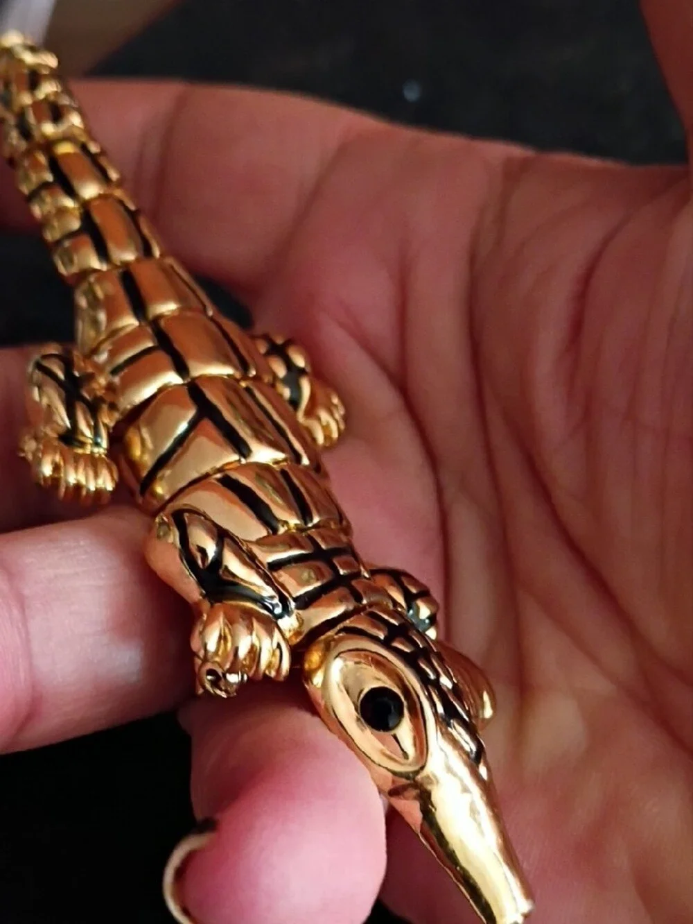 Gold and Black Crocodile Brooch Pin by